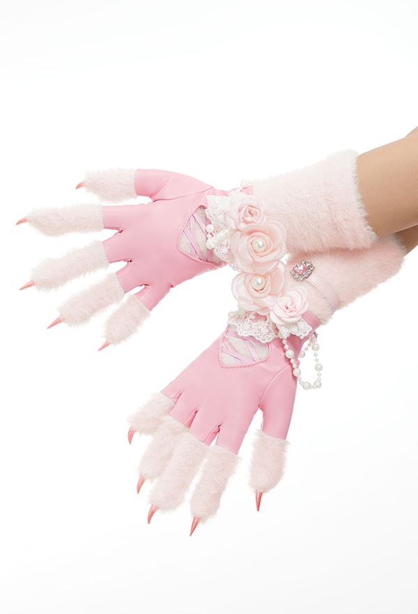 Plush Kitty Paw Gloves – Pink Fingerless Mittens with Accessories