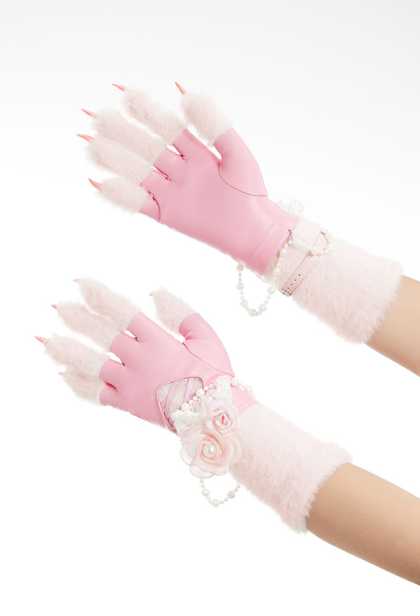 Plush Kitty Paw Gloves – Pink Fingerless Mittens with Accessories