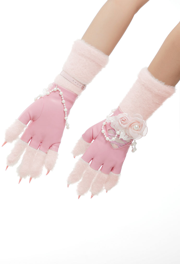 Plush Kitty Paw Gloves – Pink Fingerless Mittens with Accessories