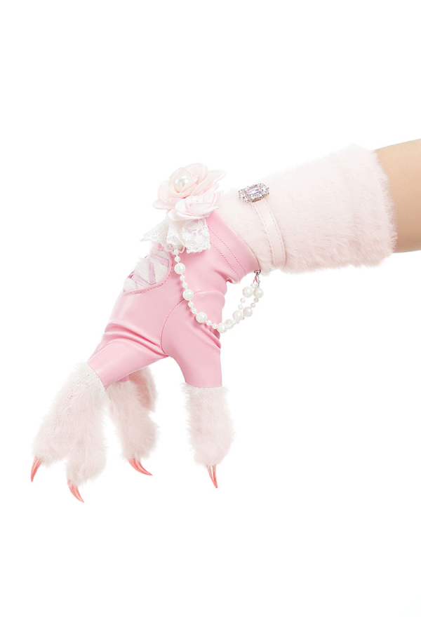 Plush Kitty Paw Gloves – Pink Fingerless Mittens with Accessories