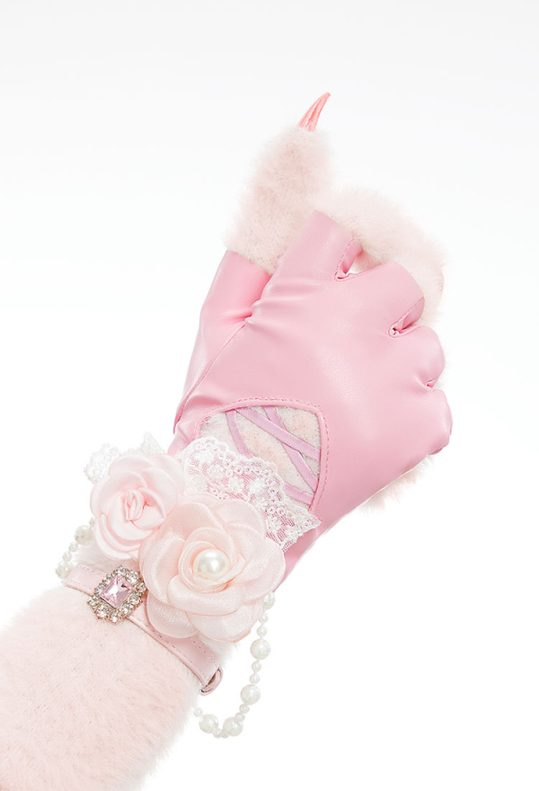 Plush Kitty Paw Gloves – Pink Fingerless Mittens with Accessories