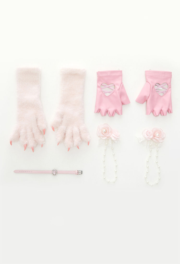 Plush Kitty Paw Gloves – Pink Fingerless Mittens with Accessories