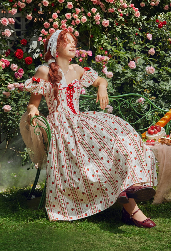 Officially Licensed Strawberry Shortcake Women Corset Dress with Puff Sleeves