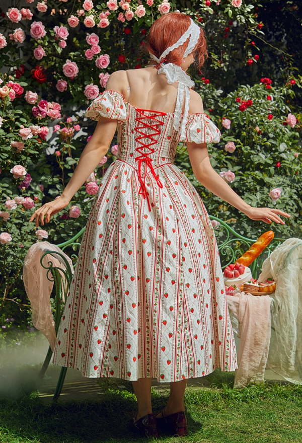 Officially Licensed Strawberry Shortcake Women Corset Dress with Puff Sleeves