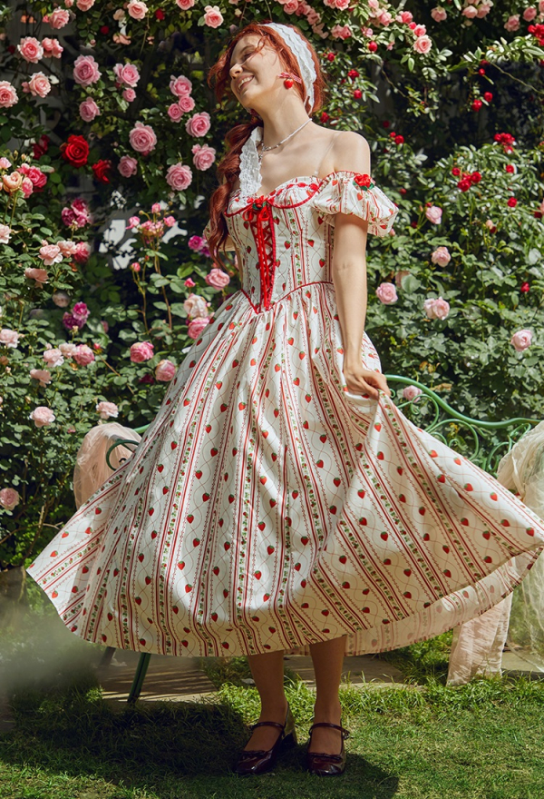 Officially Licensed Strawberry Shortcake Women Corset Dress with Puff Sleeves