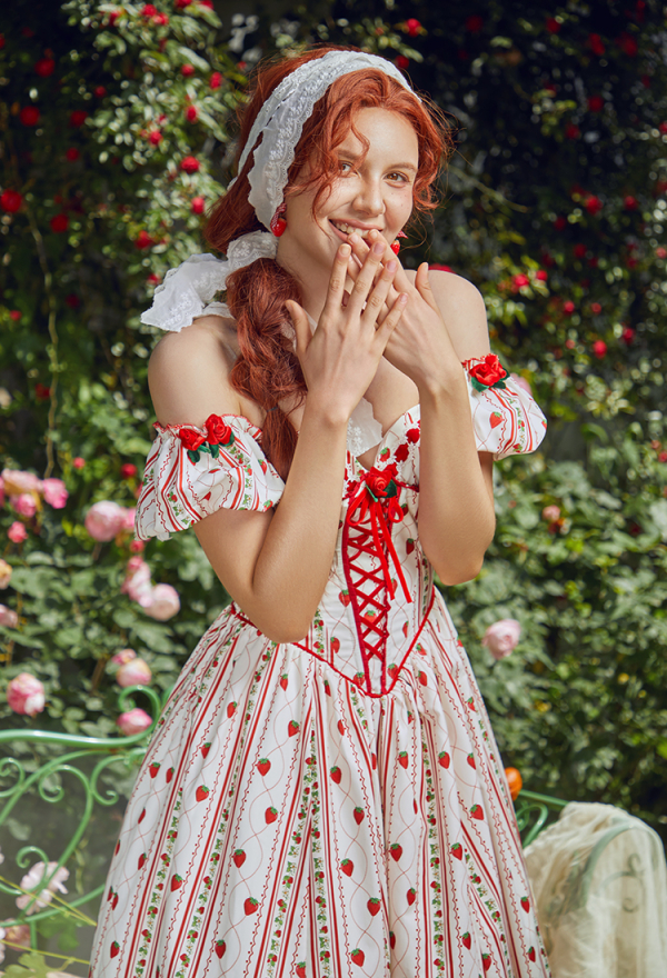 Officially Licensed Strawberry Shortcake Women Corset Dress with Puff Sleeves