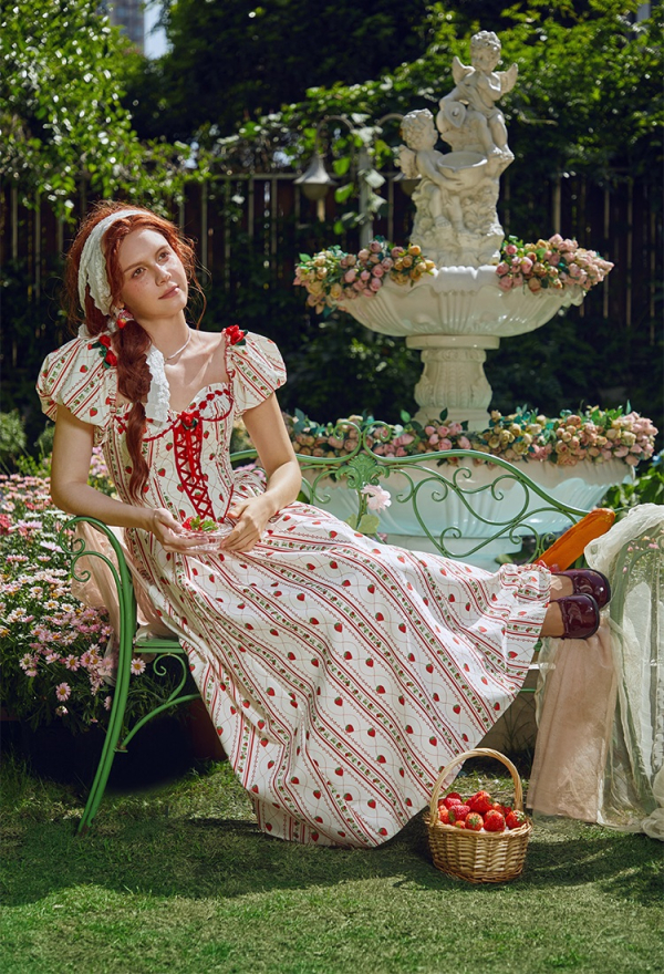 Officially Licensed Strawberry Shortcake Women Corset Dress with Puff Sleeves