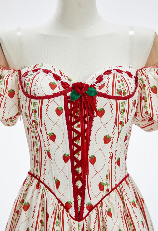 Officially Licensed Strawberry Shortcake Women Corset Dress with Puff Sleeves Officially Licensed Strawberry Shortcake Women Corset Dress with Puff Sleeves
