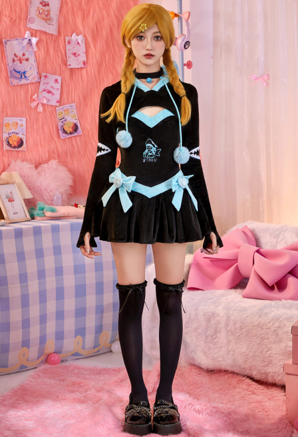 Micotaku Shark Hoodie Dress with Removable Bows & Embroidered Details Micotaku Shark Hoodie Dress with Removable Bows & Embroidered Details