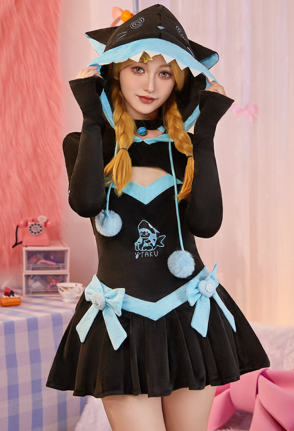 Micotaku Shark Hoodie Dress with Removable Bows & Embroidered Details Micotaku Shark Hoodie Dress with Removable Bows & Embroidered Details