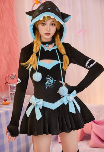 Micotaku Shark Hoodie Dress with Removable Bows & Embroidered Details