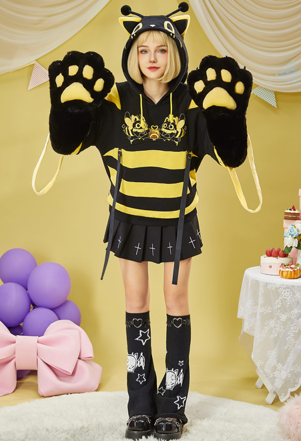 Micotaku Bee Hoodie with Cat Ears and Furry Paws Comfort Hoodie Micotaku Bee Hoodie with Cat Ears and Furry Paws Comfort Hoodie