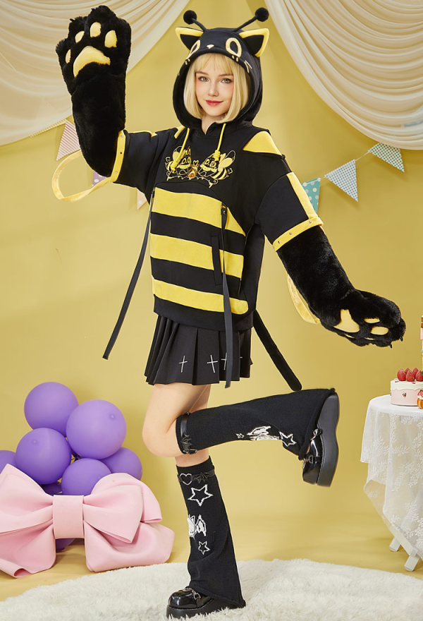 Micotaku Bee Hoodie with Cat Ears and Furry Paws Comfort Hoodie Micotaku Bee Hoodie with Cat Ears and Furry Paws Comfort Hoodie