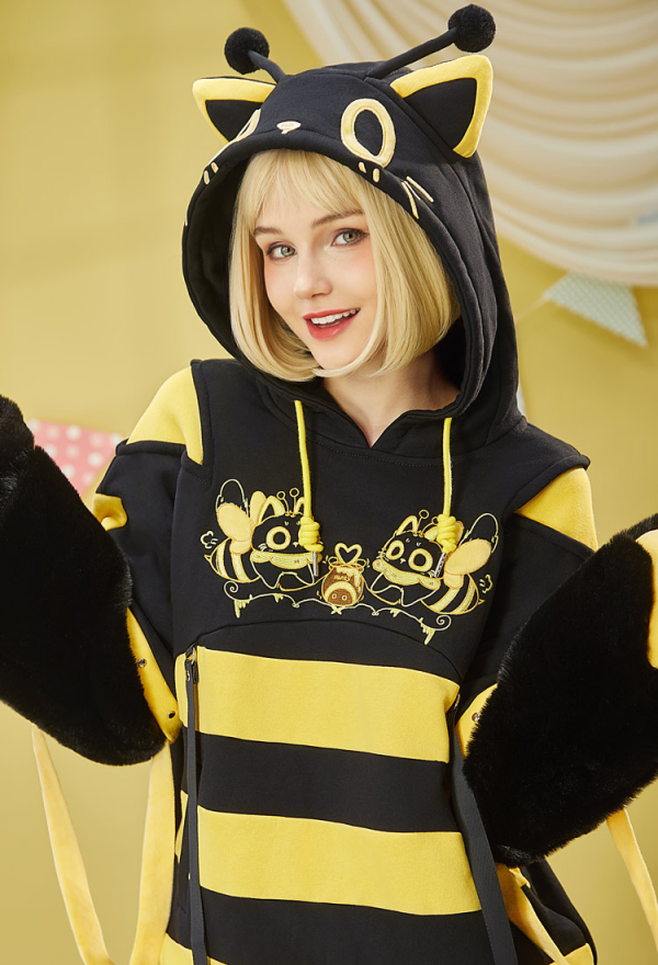 Micotaku Bee Hoodie with Cat Ears and Furry Paws Comfort Hoodie Micotaku Bee Hoodie with Cat Ears and Furry Paws Comfort Hoodie