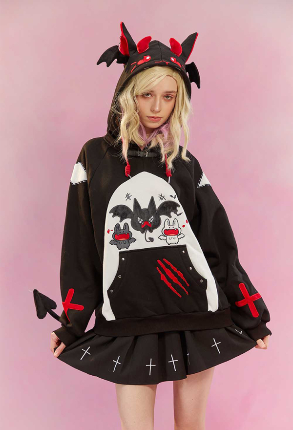 Micotaku Unisex Kawaii Bat Wing Hoodie Cute Gothic Sweatshirt with Tail