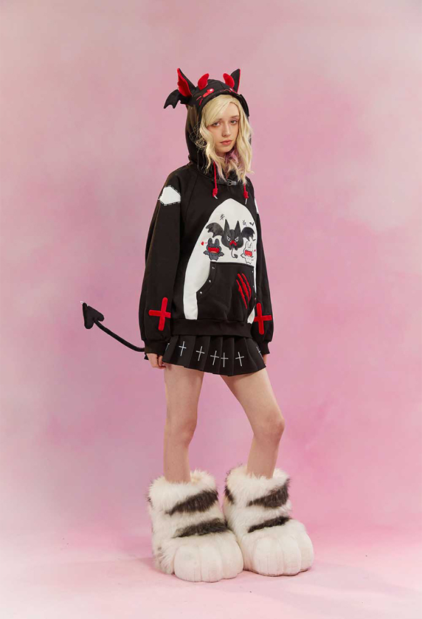 Micotaku Unisex Kawaii Bat Wing Hoodie Cute Gothic Sweatshirt with Tail