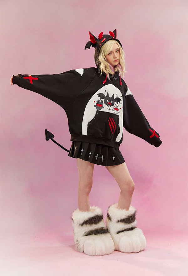 Micotaku Unisex Kawaii Bat Wing Hoodie Cute Gothic Sweatshirt with Tail