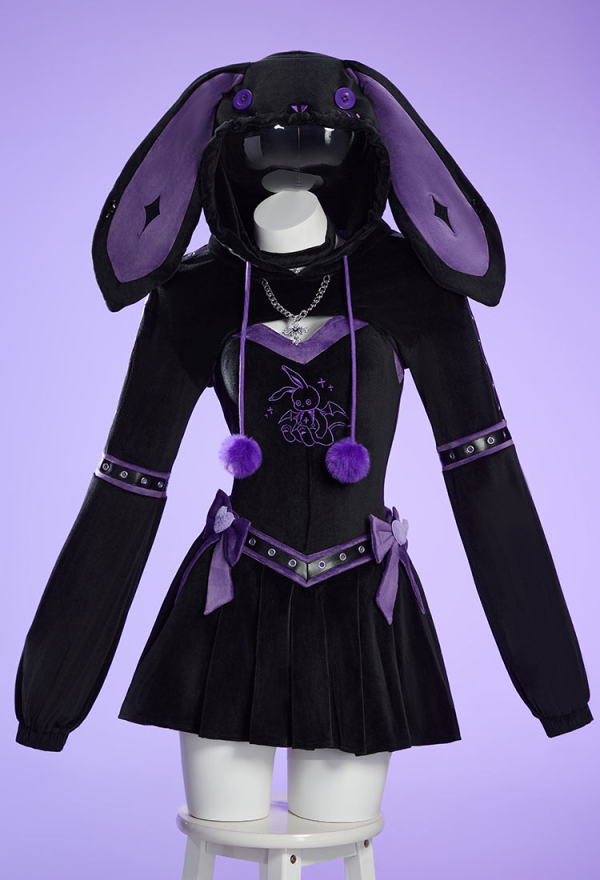 Micotaku Black-and-Purple Rabbit Hoodie Bodysuit with Skirt for Home Wear