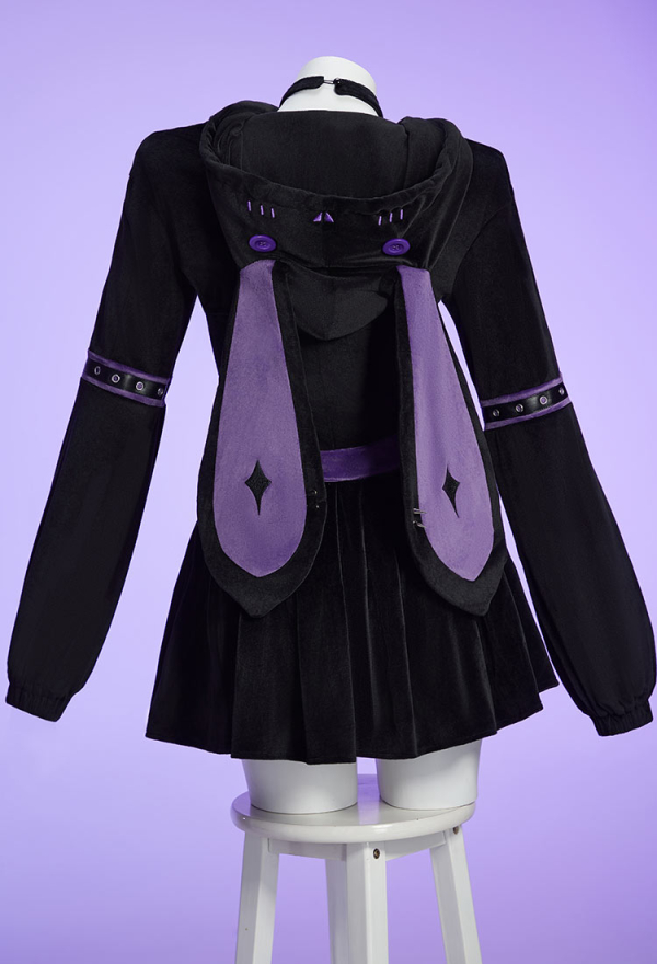 Micotaku Black-and-Purple Rabbit Hoodie Bodysuit with Skirt for Home Wear Micotaku Black-and-Purple Rabbit Hoodie Bodysuit with Skirt for Home Wear