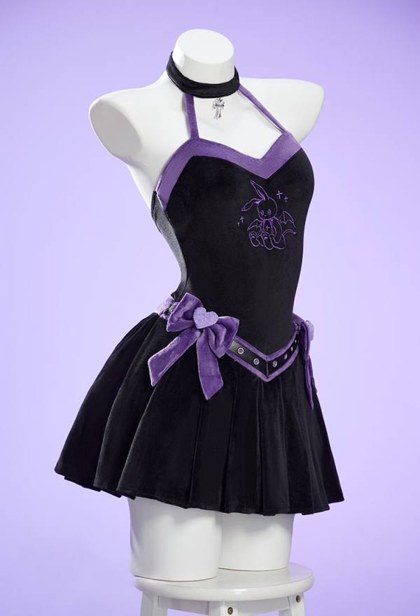 Micotaku Black-and-Purple Rabbit Hoodie Bodysuit with Skirt for Home Wear Micotaku Black-and-Purple Rabbit Hoodie Bodysuit with Skirt for Home Wear