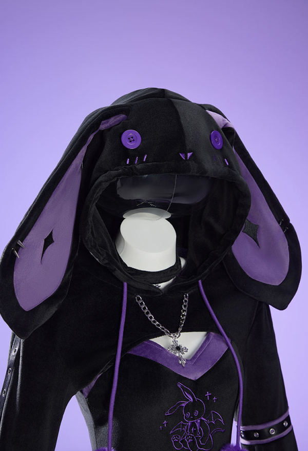 Micotaku Black-and-Purple Rabbit Hoodie Bodysuit with Skirt for Home Wear Micotaku Black-and-Purple Rabbit Hoodie Bodysuit with Skirt for Home Wear