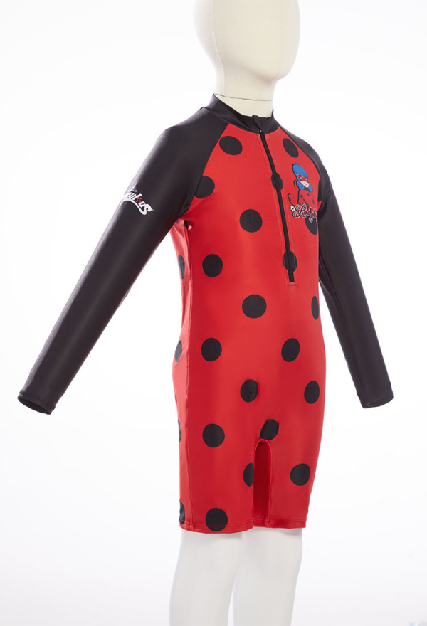 Officially Licensed Miraculous Ladybug Themed Girls' Long Sleeve Swimsuit with Crossbody Bag