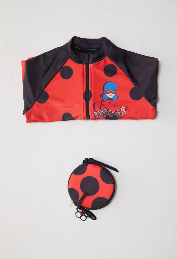 Officially Licensed Miraculous Ladybug Themed Girls' Long Sleeve Swimsuit with Crossbody Bag