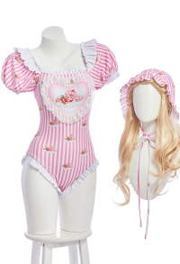 Officially Licensed Strawberry Shortcake Women’s Pastel Stripe Swimsuit with Cap