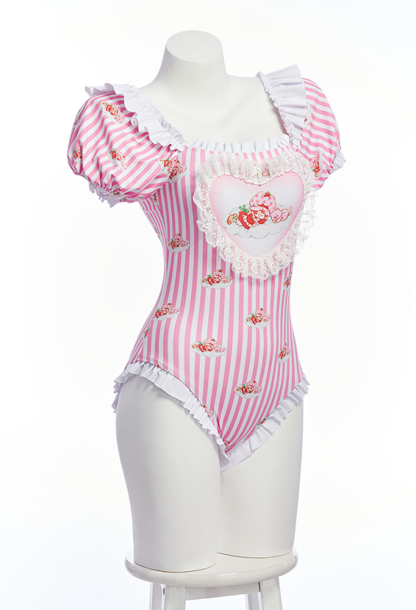 Officially Licensed Strawberry Shortcake Women’s Pastel Stripe Swimsuit with Cap