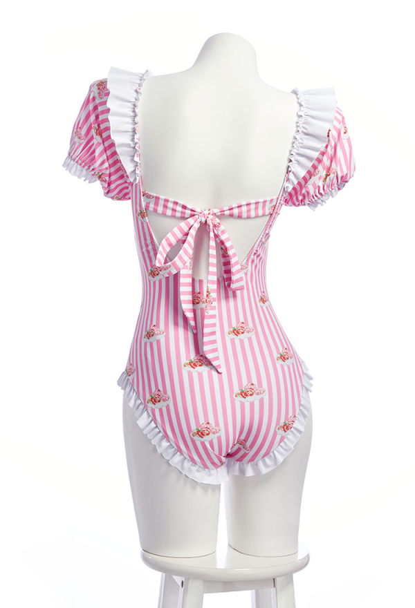 Officially Licensed Strawberry Shortcake Women’s Pastel Stripe Swimsuit with Cap