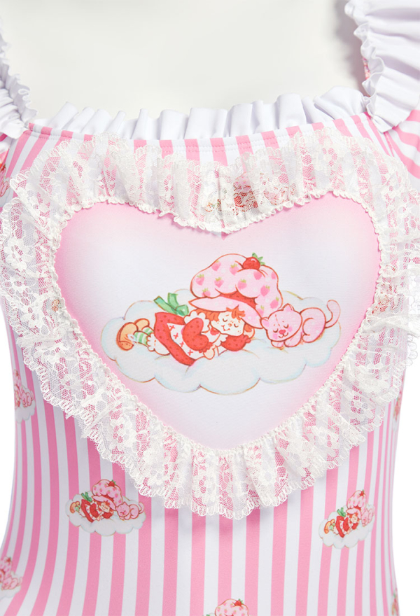 Officially Licensed Strawberry Shortcake Women’s Pastel Stripe Swimsuit with Cap