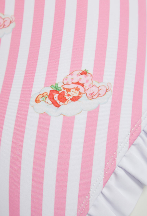 Officially Licensed Strawberry Shortcake Women’s Pastel Stripe Swimsuit with Cap