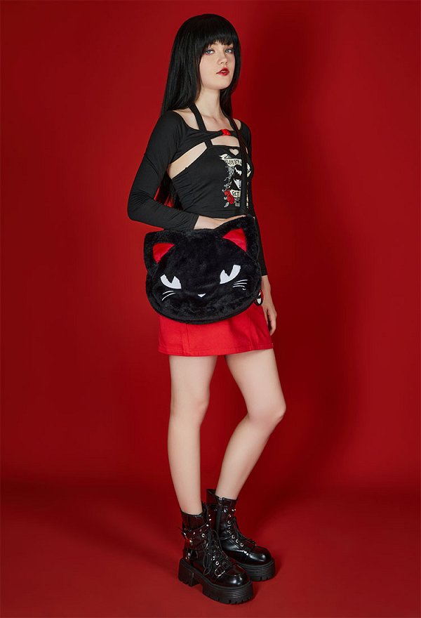 [Officially Licensed] Emily The Strange Micotaku Kitten Tote Bag Black Handle Bag Faux Fur