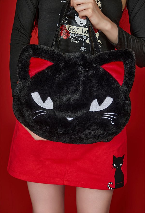 [Officially Licensed] Emily The Strange Micotaku Kitten Tote Bag Black Handle Bag Faux Fur