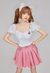 Micotaku White Cherry Puff-Sleeve Crop Top Casual Daily Wear