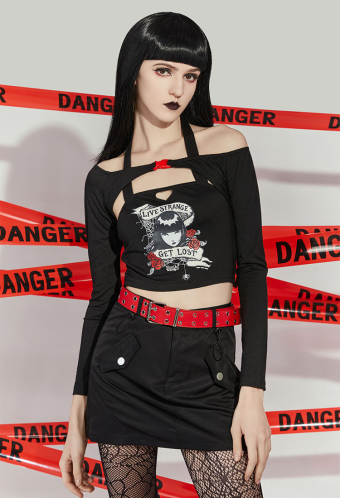 [Officially Licensed] Emily The Strange Micotaku Black Live Strange Get Lost Print Crop Top Set Women Long Sleeve