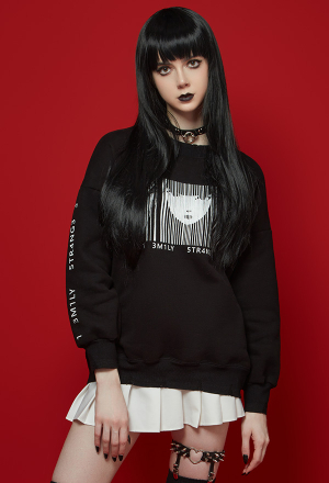 [Officially Licensed] Emily the Strange Dark Pieces Print Frayed Hem Long Sleeves Pullover Sweatshirt