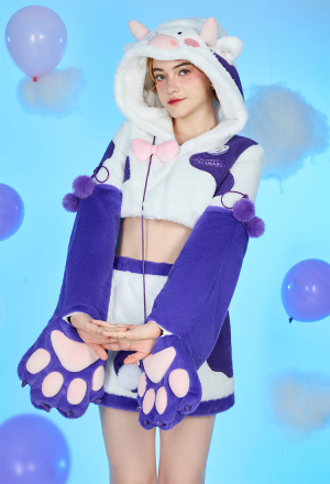 [Officially Licensed] Goodnight Pajamals  x Micotaku Cow Momo Plush Paw Hoodie Skirt Set Daily Wear