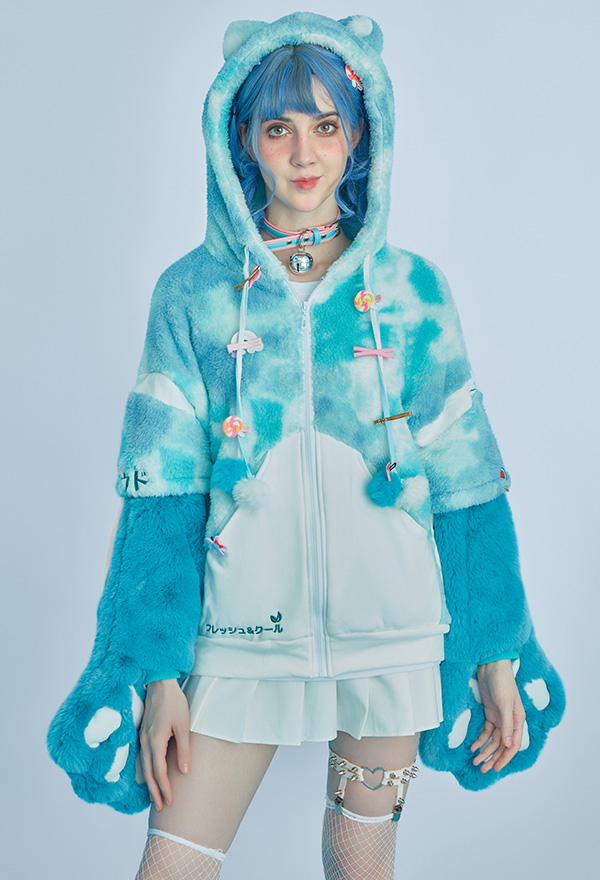 Women Christmas Funny Costume Cat Pullover Furry Hoodie Style Hoodies Blue and White Mint