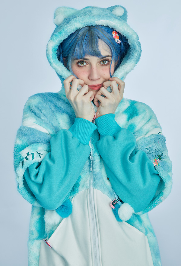 Women Christmas Funny Costume Cat Pullover Furry Hoodie Style Hoodies Blue and White Mint