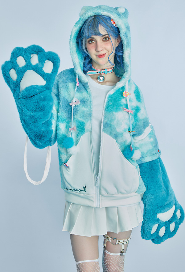 Women Christmas Funny Costume Cat Pullover Furry Hoodie Style Hoodies Blue and White Mint