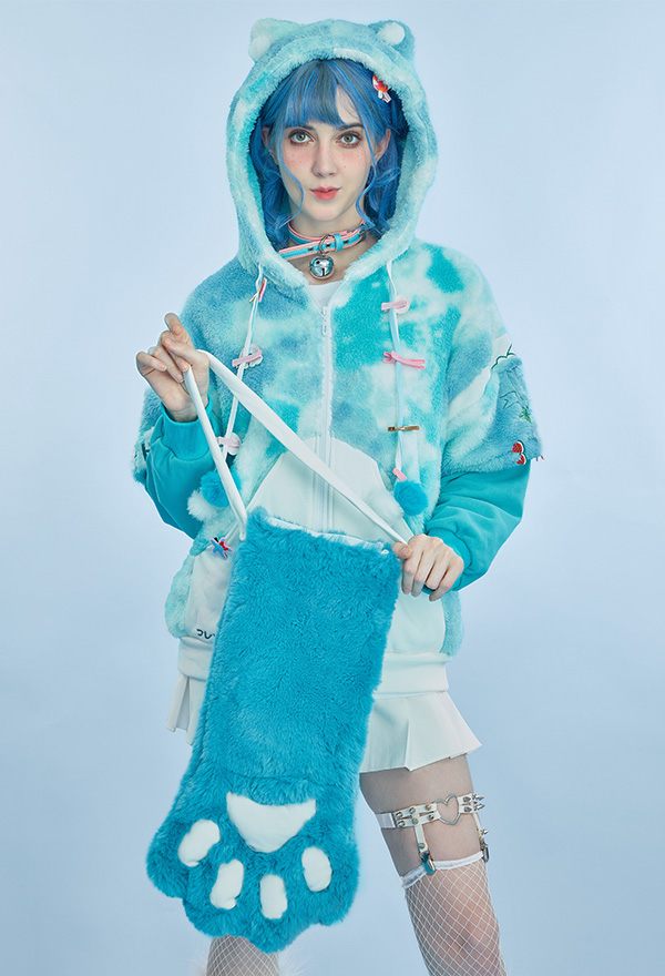 Women Christmas Funny Costume Cat Pullover Furry Hoodie Style Hoodies Blue and White Mint
