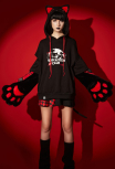 [Officially Licensed] Emily the Strange Halloween Costume Black Bad Kitten Club Print Cat Pullover Hoodie with Furry Paw Gloves