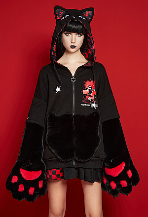 [Officially Licensed] Emily the Strange Halloween Chairman of The Bored Print Cat Zip Up Hoodie with Furry Paw Gloves