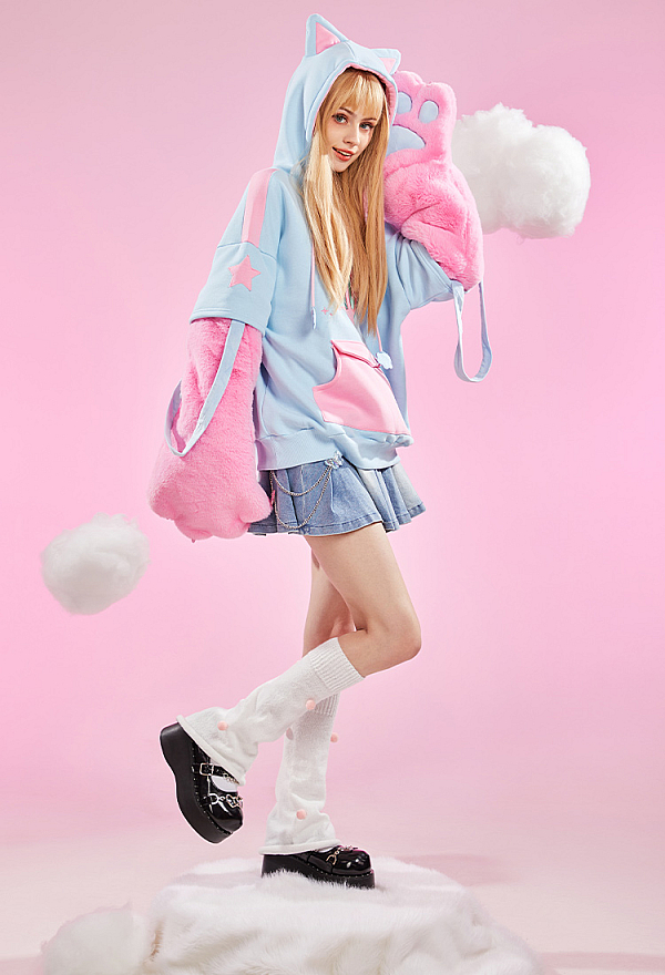 Officially Licensed Winx Club Flora Costume Print Paw Hoodie Dual-Tone Cat Ear Hooded Daily Wear