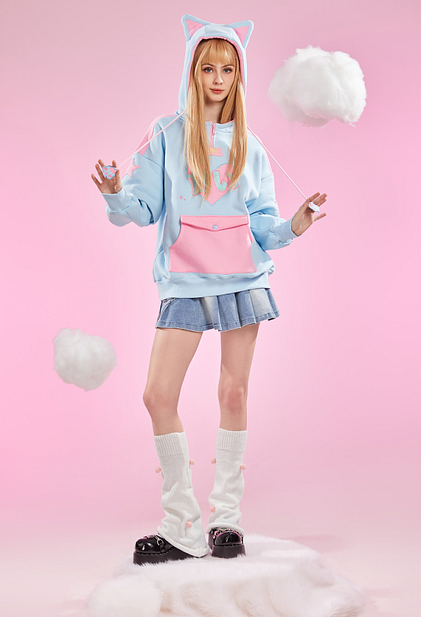 Officially Licensed Winx Club Flora Costume Print Paw Hoodie Dual-Tone Cat Ear Hooded Daily Wear