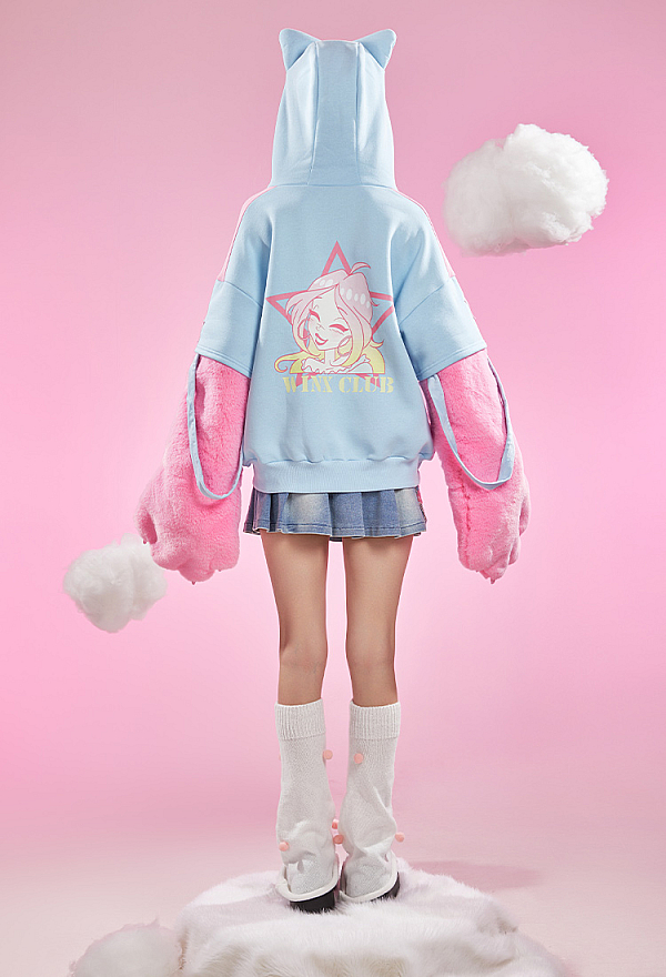 Officially Licensed Winx Club Flora Costume Print Paw Hoodie Dual-Tone Cat Ear Hooded Daily Wear