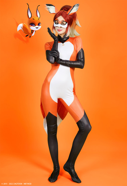 Officially Licensed Miraculous Rena Rouge Cosplay Costume | Orange and White Elastic Jumpsuit for Halloween Costume