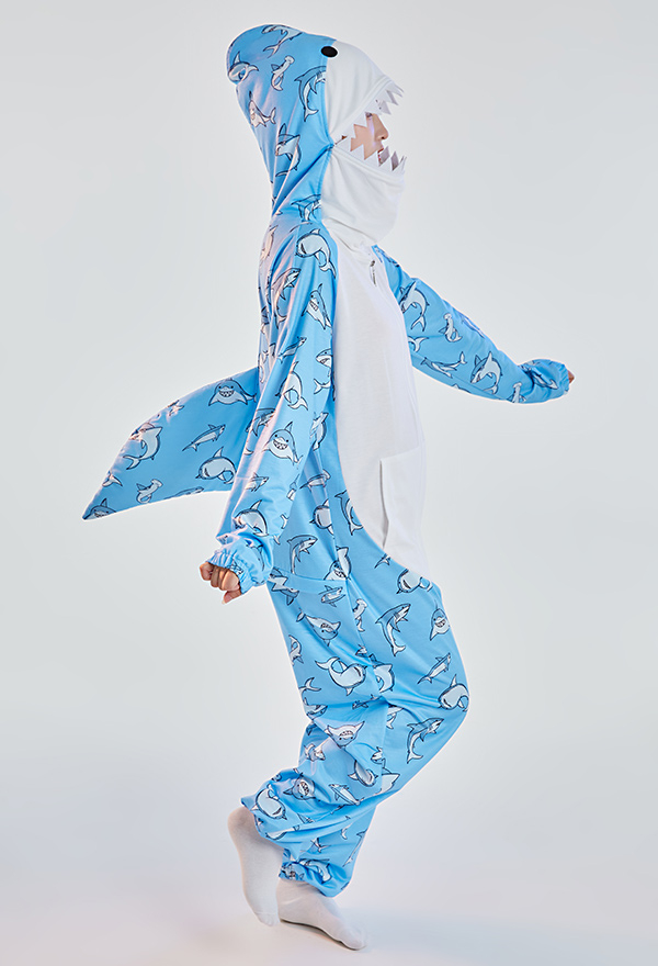 Shark Print Onesie Pajama Women Pajama Blue White Long Sleeves