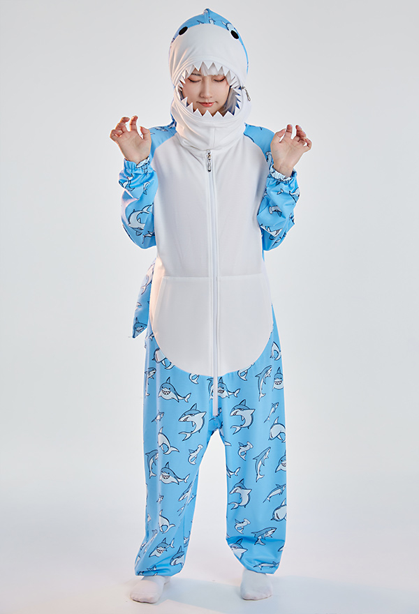 Shark Print Onesie Pajama Women Pajama Blue White Long Sleeves